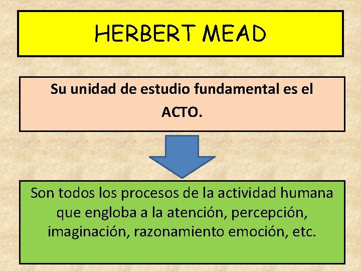 HERBERT MEAD Su unidad de estudio fundamental es el ACTO. Son todos los procesos