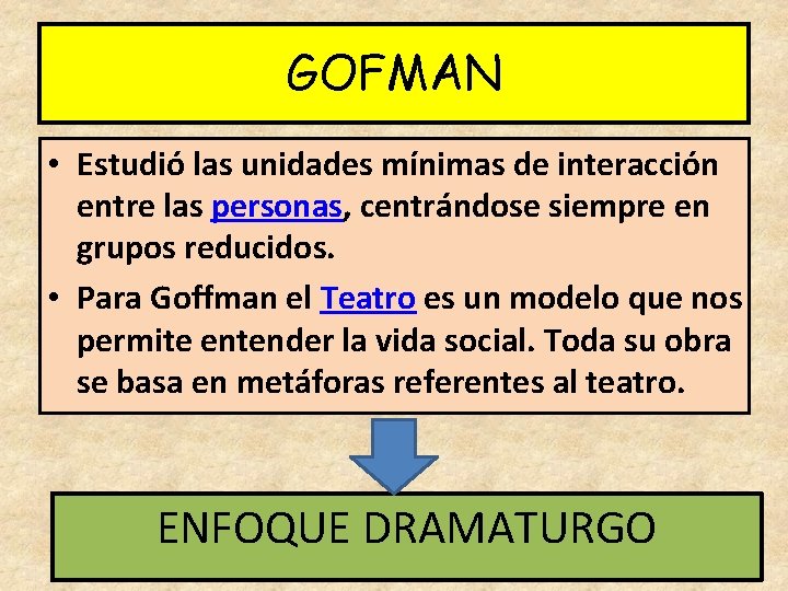 GOFMAN • Estudió las unidades mínimas de interacción entre las personas, centrándose siempre en GOFMAN • Estudió las unidades mínimas de interacción entre las personas, centrándose siempre en