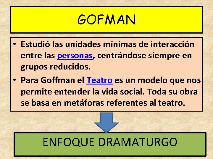 GOFMAN • Estudió las unidades mínimas de interacción entre las personas, centrándose siempre en