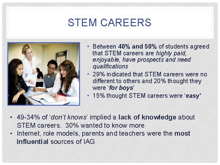 STEM CAREERS • Between 40% and 50% of students agreed that STEM careers are