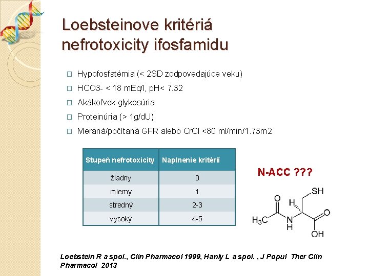 Loebsteinove kritériá nefrotoxicity ifosfamidu � Hypofosfatémia (< 2 SD zodpovedajúce veku) � HCO 3