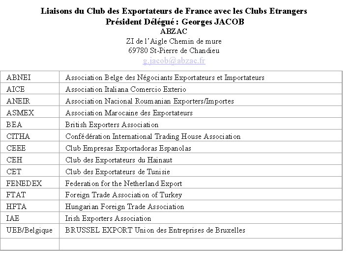 Liaisons du Club des Exportateurs de France avec les Clubs Etrangers Président Délégué :