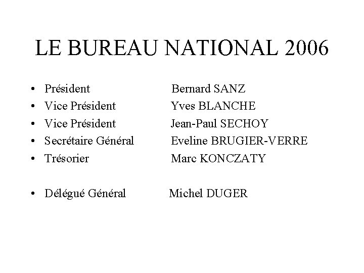 LE BUREAU NATIONAL 2006 • • • Président Bernard SANZ Vice Président Yves BLANCHE