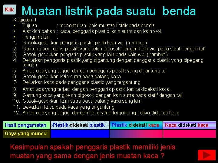 Klik Muatan listrik pada suatu benda Kegiatan 1 • Tujuan : menentukan jenis muatan