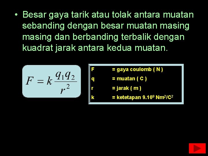  • Besar gaya tarik atau tolak antara muatan sebanding dengan besar muatan masing