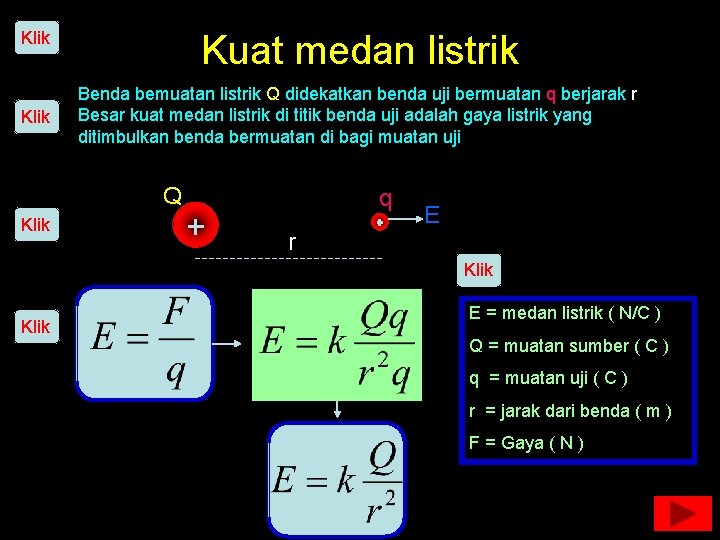 Klik Kuat medan listrik Benda bemuatan listrik Q didekatkan benda uji bermuatan q berjarak