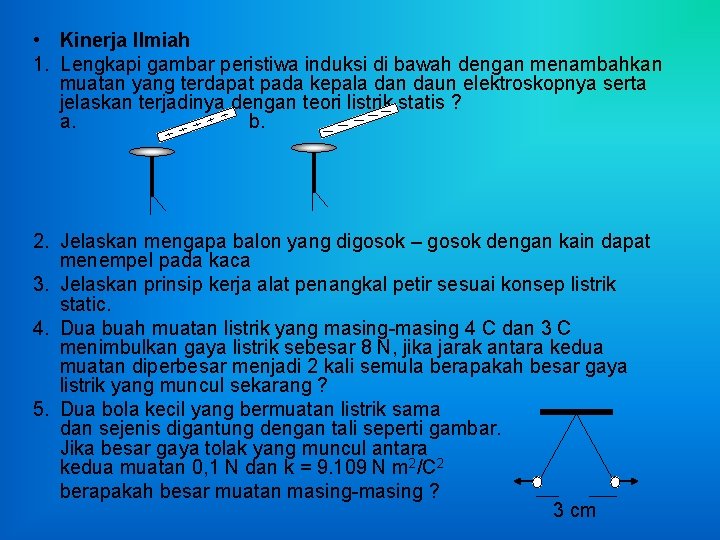  • Kinerja Ilmiah 1. Lengkapi gambar peristiwa induksi di bawah dengan menambahkan muatan