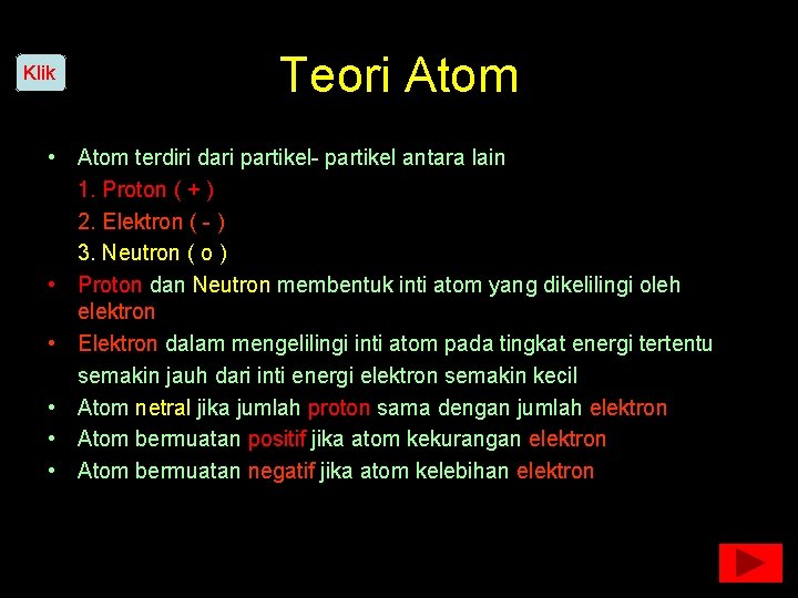 Klik Teori Atom • Atom terdiri dari partikel- partikel antara lain 1. Proton (