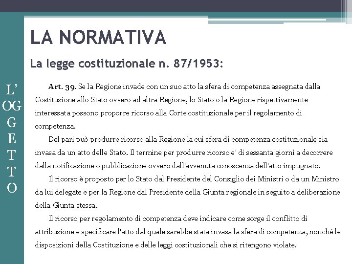 LA NORMATIVA La legge costituzionale n. 87/1953: L’ OG G E T T O