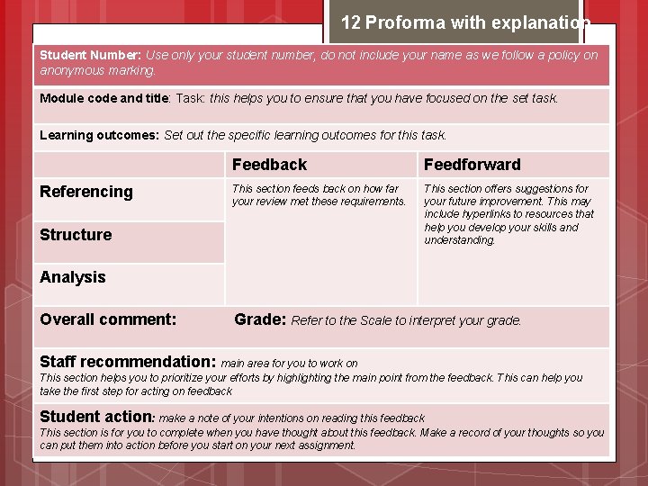 12 Proforma with explanation Student Number: Use only your student number, do not include