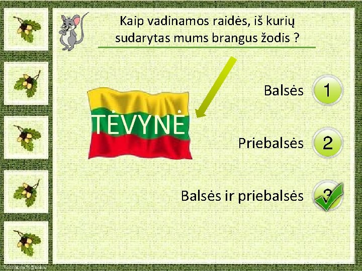 Kaip vadinamos raidės, iš kurių sudarytas mums brangus žodis ? Balsės TĖVYNĖ Priebalsės Balsės Kaip vadinamos raidės, iš kurių sudarytas mums brangus žodis ? Balsės TĖVYNĖ Priebalsės Balsės