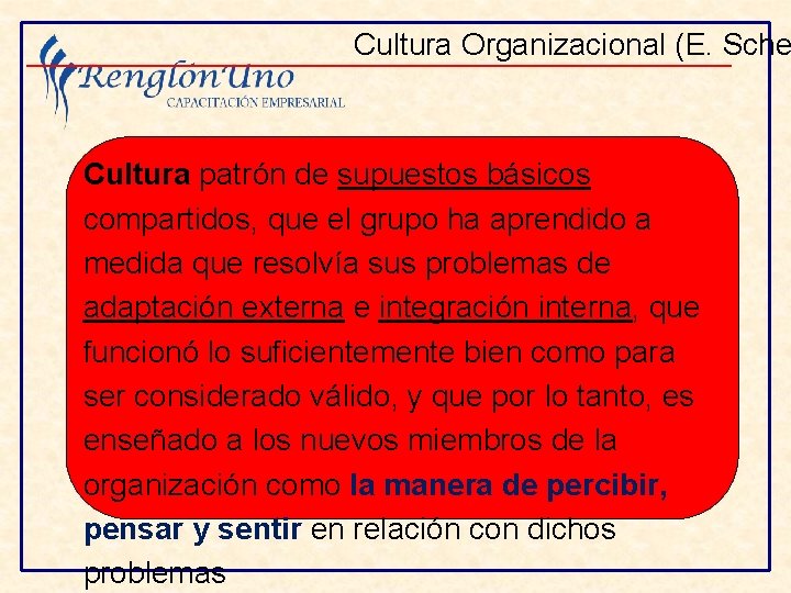 Cultura Organizacional (E. Sche Cultura patrón de supuestos básicos compartidos, que el grupo ha