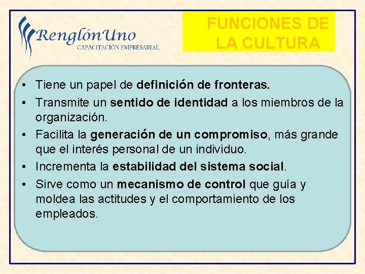 FUNCIONES DE LA CULTURA • Tiene un papel de definición de fronteras. • Transmite