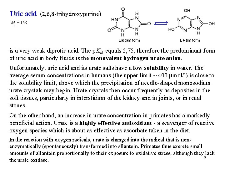 Uric acid (2, 6, 8 -trihydroxypurine) Mr = 168 Lactam form Lactim form is