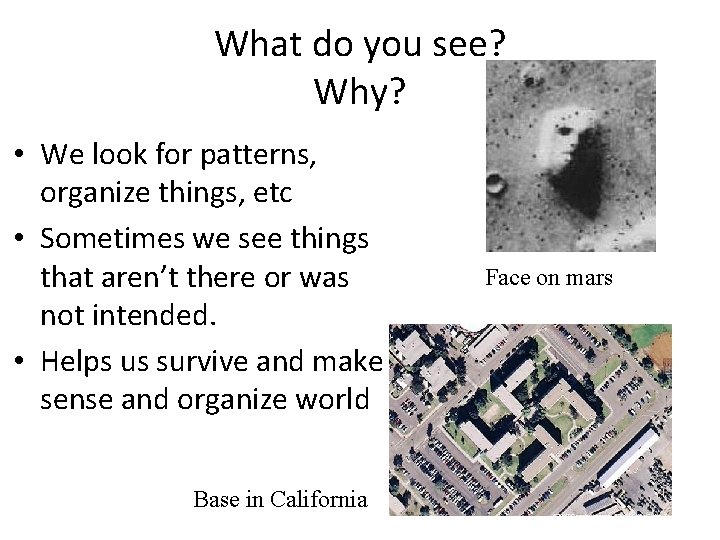 What do you see? Why? • We look for patterns, organize things, etc •