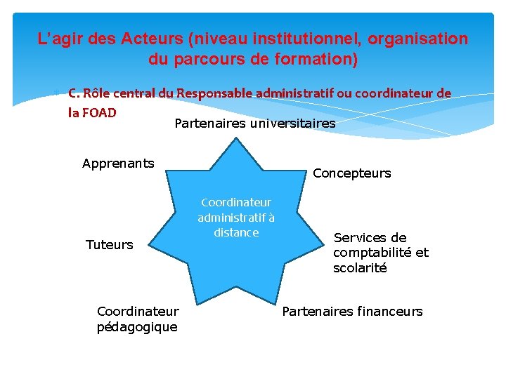 L’agir des Acteurs (niveau institutionnel, organisation du parcours de formation) C. Rôle central du