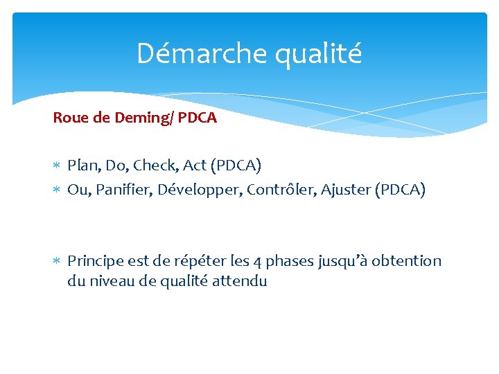 Démarche qualité Roue de Deming/ PDCA Plan, Do, Check, Act (PDCA) Ou, Panifier, Développer,
