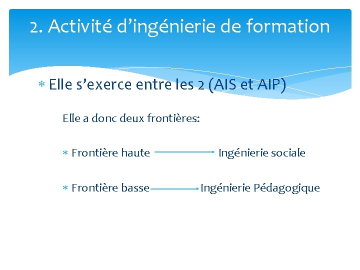 2. Activité d’ingénierie de formation Elle s’exerce entre les 2 (AIS et AIP) Elle