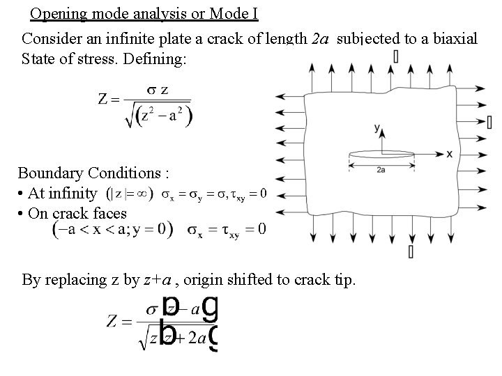 Opening mode analysis or Mode I Consider an infinite plate a crack of length