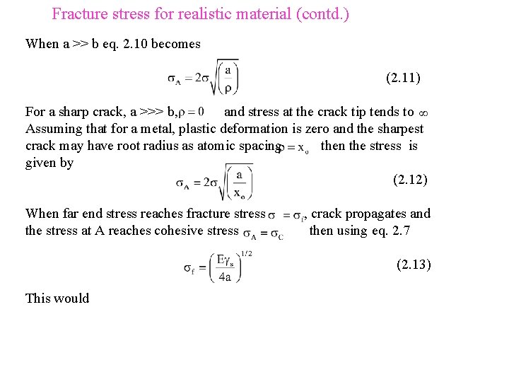 Fracture stress for realistic material (contd. ) When a >> b eq. 2. 10