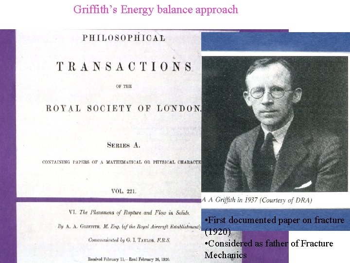 Griffith’s Energy balance approach • First documented paper on fracture (1920) • Considered as