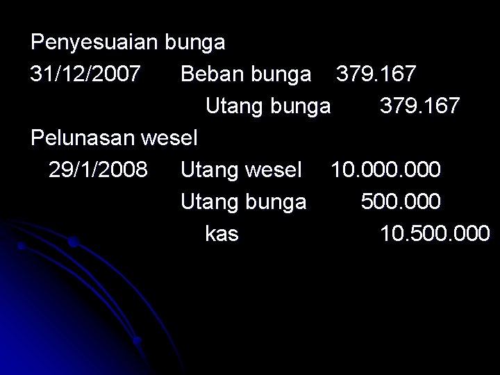 Penyesuaian bunga 31/12/2007 Beban bunga 379. 167 Utang bunga 379. 167 Pelunasan wesel 29/1/2008