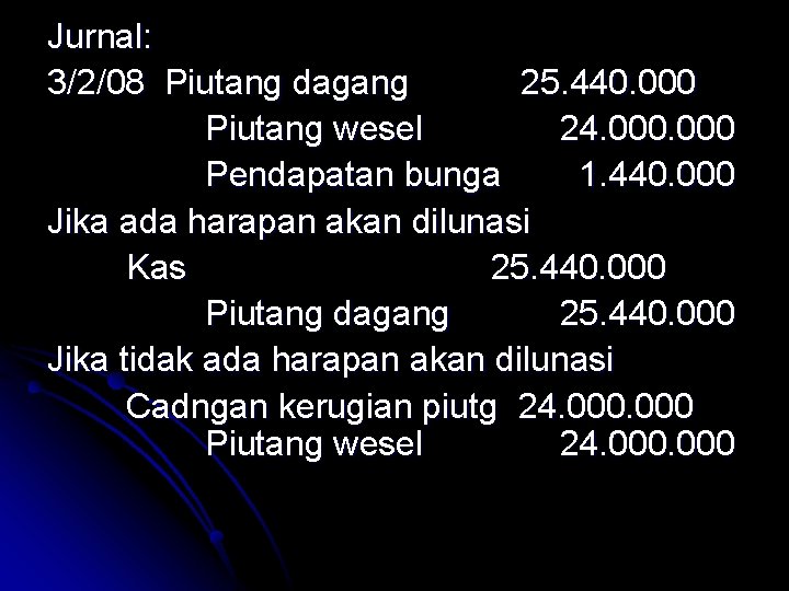 Jurnal: 3/2/08 Piutang dagang 25. 440. 000 Piutang wesel 24. 000 Pendapatan bunga 1.