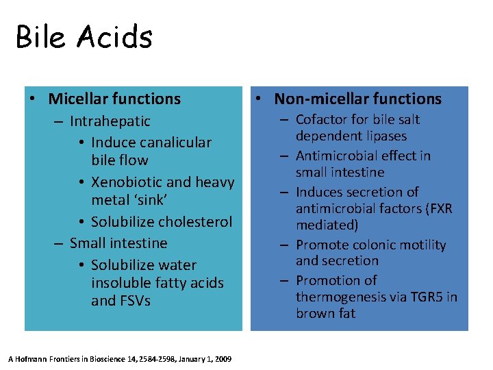 Bile Acids • Micellar functions – Intrahepatic • Induce canalicular bile flow • Xenobiotic