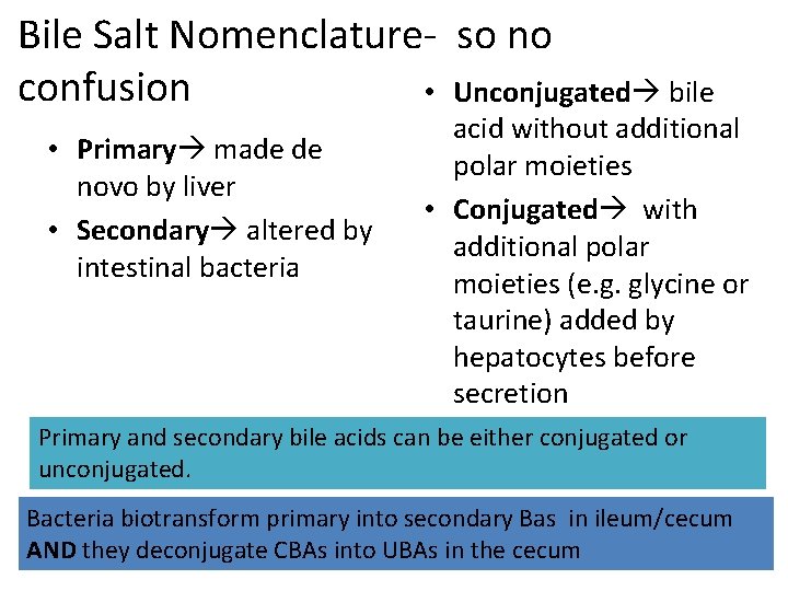 Bile Salt Nomenclature- so no confusion • Unconjugated bile • Primary made de novo