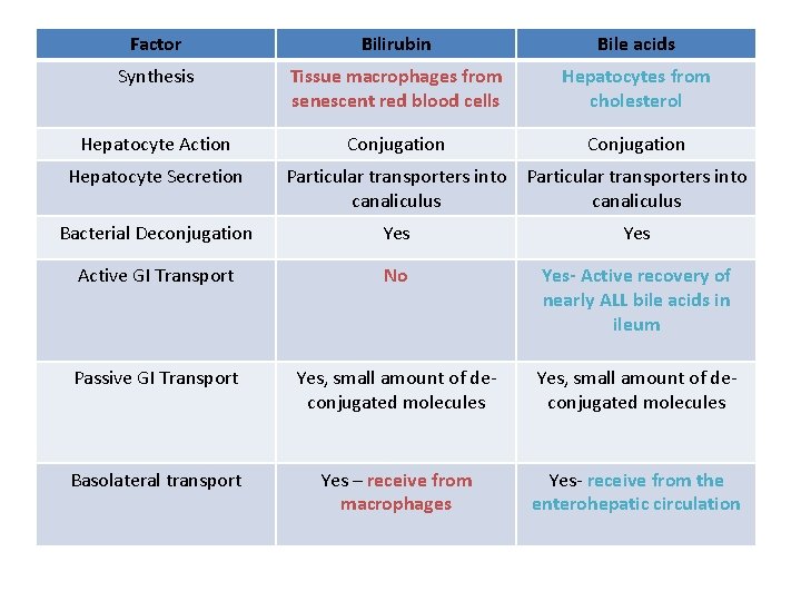 Factor Bilirubin Bile acids Synthesis Tissue macrophages from senescent red blood cells Hepatocytes from