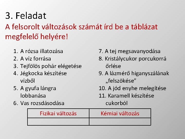 3. Feladat A felsorolt változások számát írd be a táblázat megfelelő helyére! 1. 2.