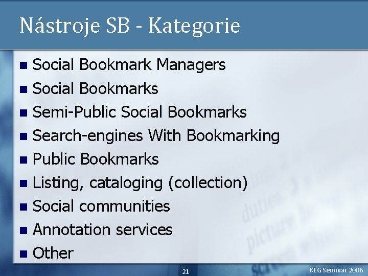 Nástroje SB - Kategorie Social Bookmark Managers n Social Bookmarks n Semi-Public Social Bookmarks