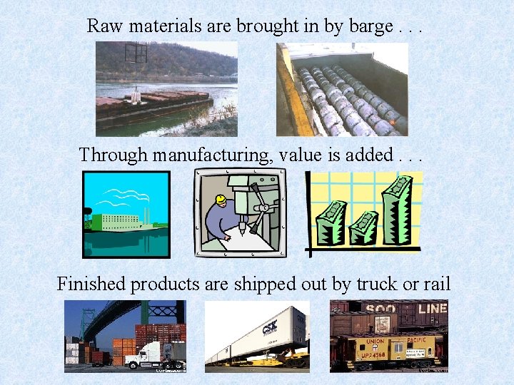 Raw materials are brought in by barge. . . Through manufacturing, value is added.