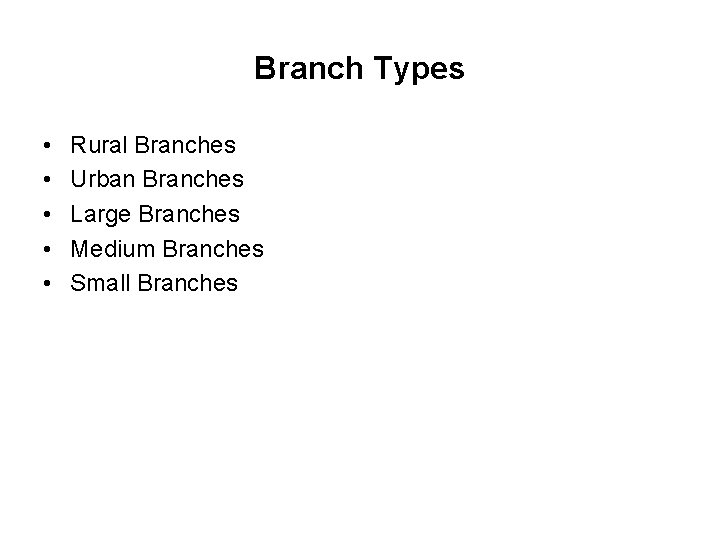 Branch Types • • • Rural Branches Urban Branches Large Branches Medium Branches Small