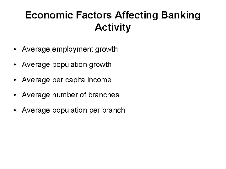 Economic Factors Affecting Banking Activity • Average employment growth • Average population growth •