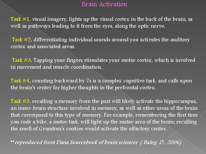 Brain Activation Task #1, visual imagery, lights up the visual cortex in the back