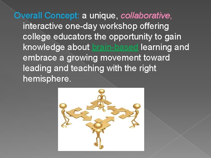 Overall Concept: a unique, collaborative, interactive one-day workshop offering college educators the opportunity to