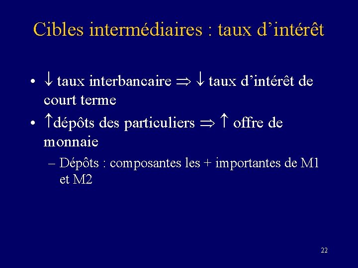 Cibles intermédiaires : taux d’intérêt • taux interbancaire taux d’intérêt de court terme •