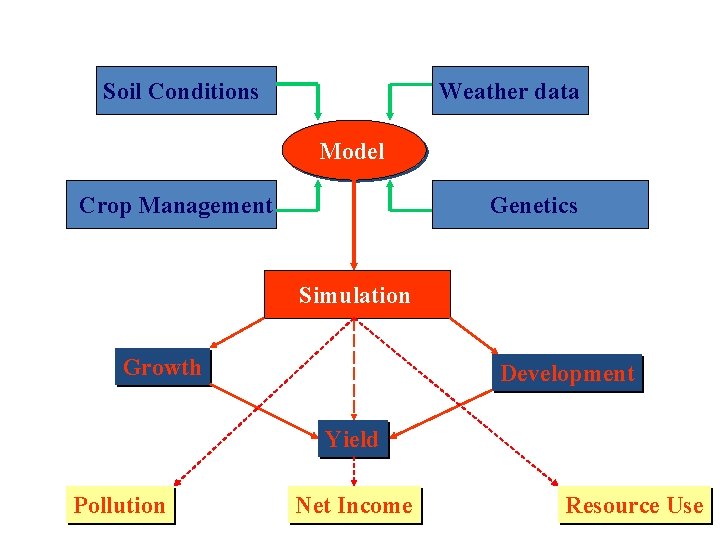 Soil Conditions Weather data Model Crop Management Genetics Simulation Growth Development Yield Pollution Net