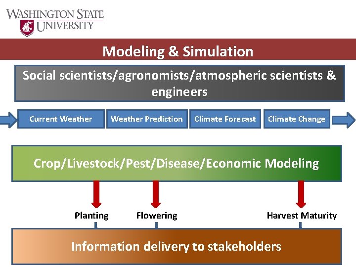 Modeling & Simulation Social scientists/agronomists/atmospheric scientists & engineers Current Weather Prediction Climate Forecast Climate