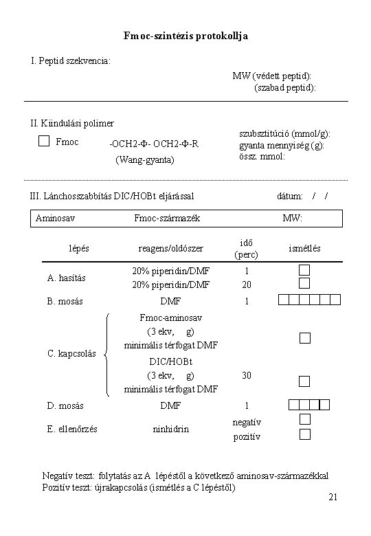 Fmoc-szintézis protokollja I. Peptid szekvencia: MW (védett peptid): (szabad peptid): II. Kiindulási polimer Fmoc