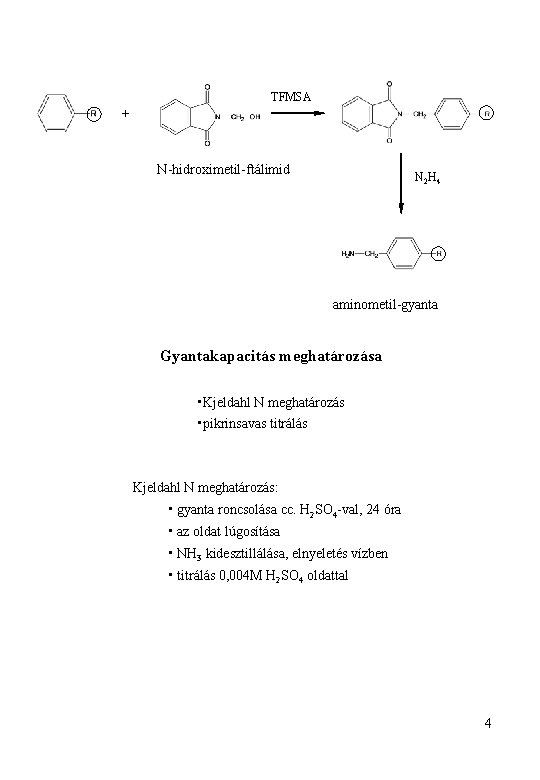 TFMSA + N-hidroximetil-ftálimid N 2 H 4 aminometil-gyanta Gyantakapacitás meghatározása • Kjeldahl N meghatározás