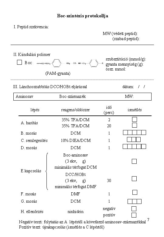 Boc-szintézis protokollja I. Peptid szekvencia: MW (védett peptid): (szabad peptid): II. Kiindulási polimer szubsztitúció