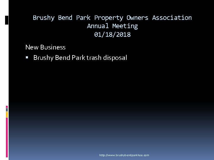 Brushy Bend Park Property Owners Association Annual Meeting 01/18/2018 New Business Brushy Bend Park