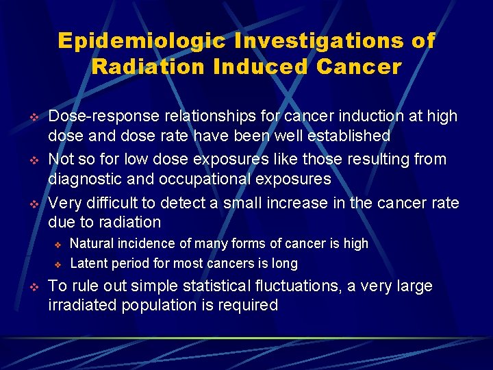 Epidemiologic Investigations of Radiation Induced Cancer v v v Dose-response relationships for cancer induction