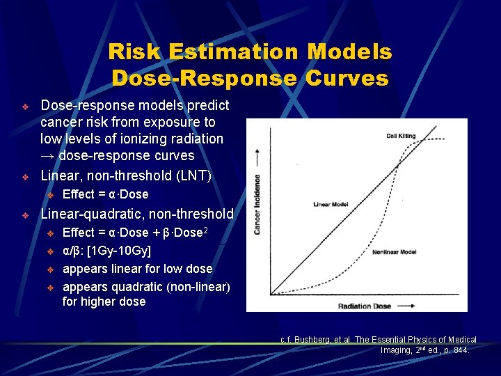 Risk Estimation Models Dose-Response Curves v v Dose-response models predict cancer risk from exposure