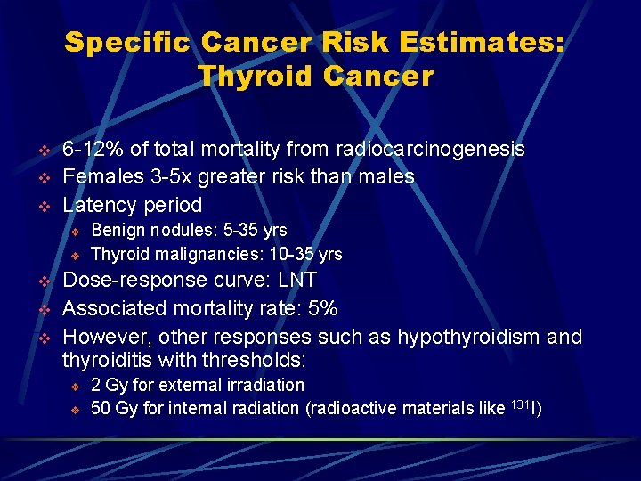 Specific Cancer Risk Estimates: Thyroid Cancer v v v 6 -12% of total mortality