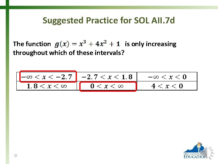 Suggested Practice for SOL AII. 7 d The function is only increasing throughout which