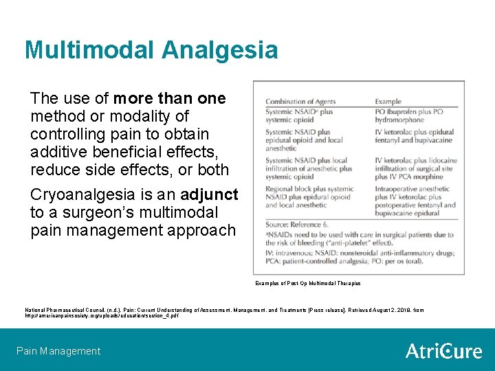 Multimodal Analgesia The use of more than one method or modality of controlling pain