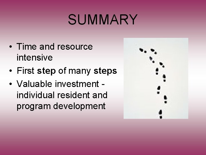 SUMMARY • Time and resource intensive • First step of many steps • Valuable